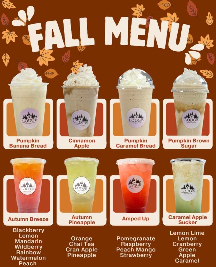 The Lodge fall menu with pumpkin and cinnamon apple shakes and autumn energy teas